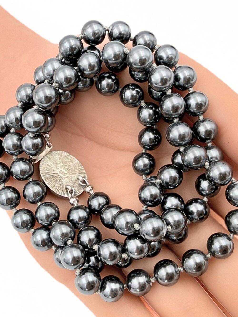 Gorgoeus Signed Sterling Silver Double Strand Layered 8mm Hematite Necklace